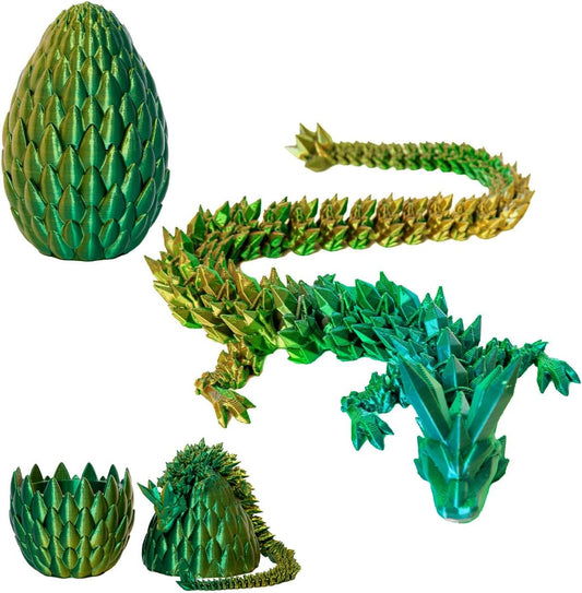 Dragon Eggs with Dragon Inside, 12In Laser Gold Green 3D Printed Dragon Egg Fidget Toy, Executive Desk Articulated Dragon Toy, Home Office Decor