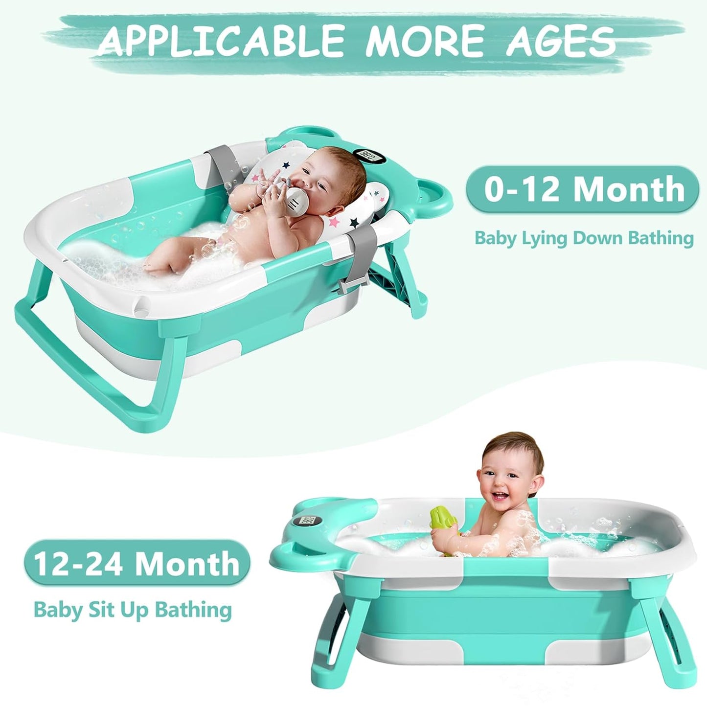 TPN Collapsible Baby Bathtub, Baby Bath Tub with Soft Cushion & Real-Time Thermometer, Baby Bathtub Infant to Toddler Tub (0-36 Months), Portable Newborn Travel Bath tub