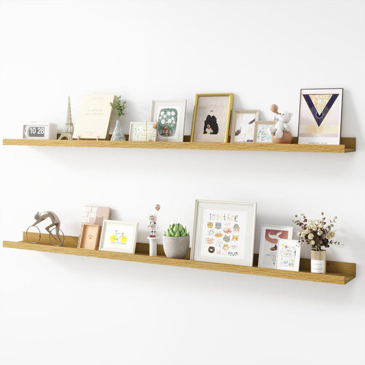 Picture Ledge Shelf, Wood Long Floating Shelves for Wall, Set of 2, 56 inch Picture Ledge Shelves, Photo Ledge Nursery Book Shelves Wall Mounted for Living Room Kids' Room Bedroom, Color Oak