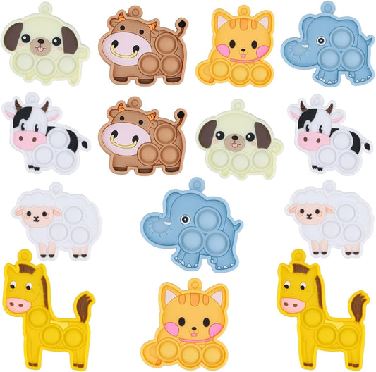 14pcs Animal Pop Fidget Toys Party Favors, Silicone Animal Fidget Sensory Toys Soft Keychain Bubble Popping Toy Packs for Treasure Box Toys Gift Bag Fillers Kids Prize Treasure Box