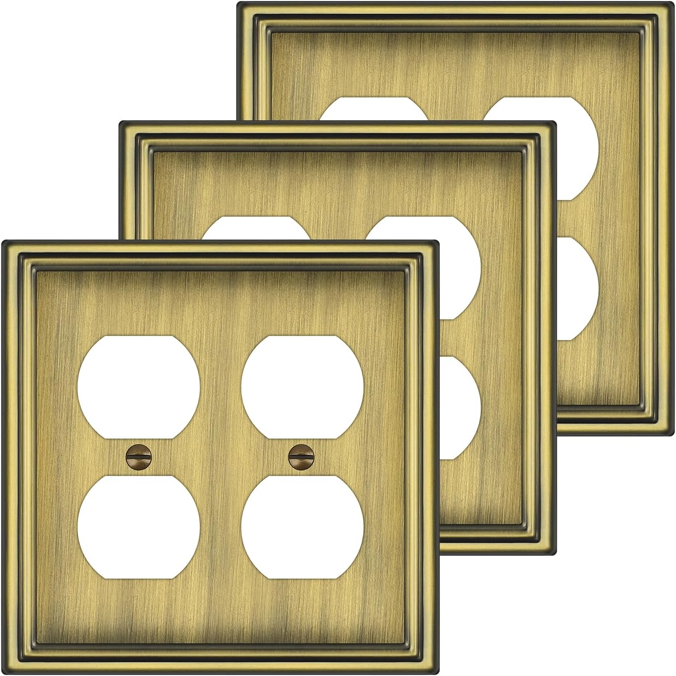 Metal Double Outlet Covers Wall Plate, Antique Brass Decorative Light Switch Plate 2 Gang Duplex Outlet Covers - Classic Style, 3 Pack