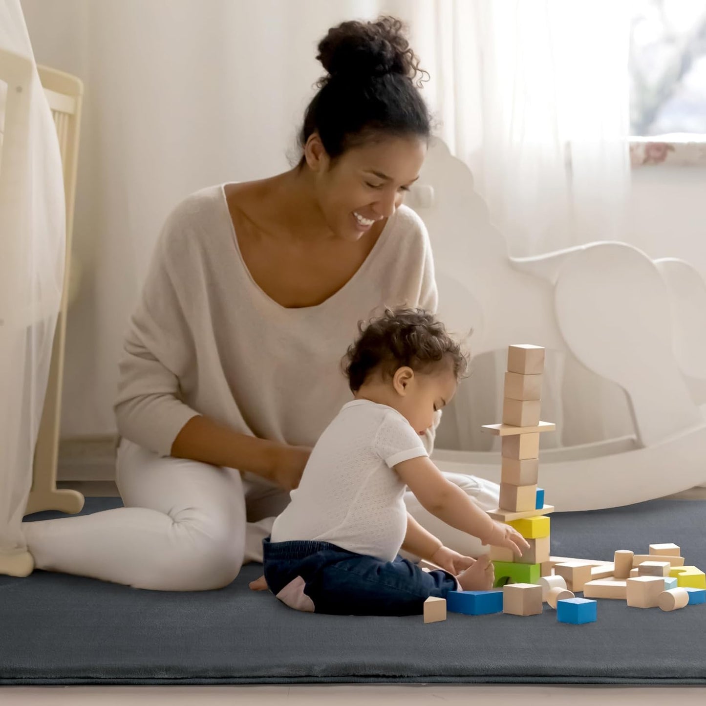 BALAPET Thick Memory Foam 50x50 Play Mat for Playpen, Super Soft Velvet Portable Baby Playpen Mat for Kids Toddler Crawling and Play, Non-Slip Bottom Playmat, Dark Grey