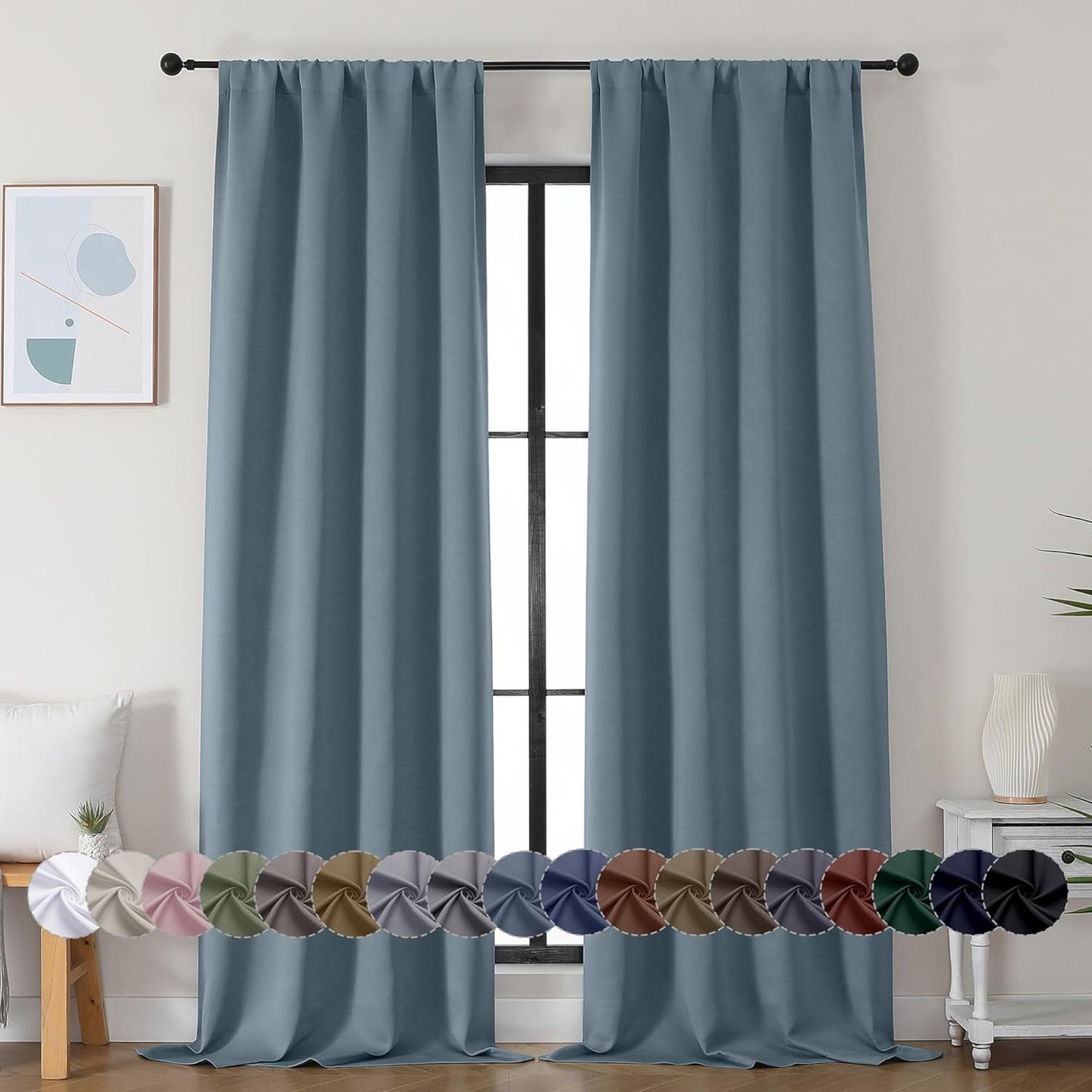 Simplebrand Ava Stone Blue Blackout Curtains for Bedroom 96 Inches Long 2 Panels, Thermal Insulated, Energy Saving Living Room Window Treatment Curtains Blackout Drapes, W40 x L96 Inch, Stone Blue