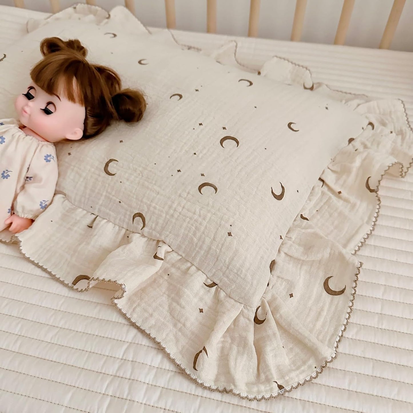 BuLuTu Muslin Toddler Pillowcases Girls Boys,Soft Breathable Cotton Kids Pillow Cover, Moon Star Pattern Shabby Chic Nursery Pillow Cases Enveloped Closure, 14"x20", 1 Piece