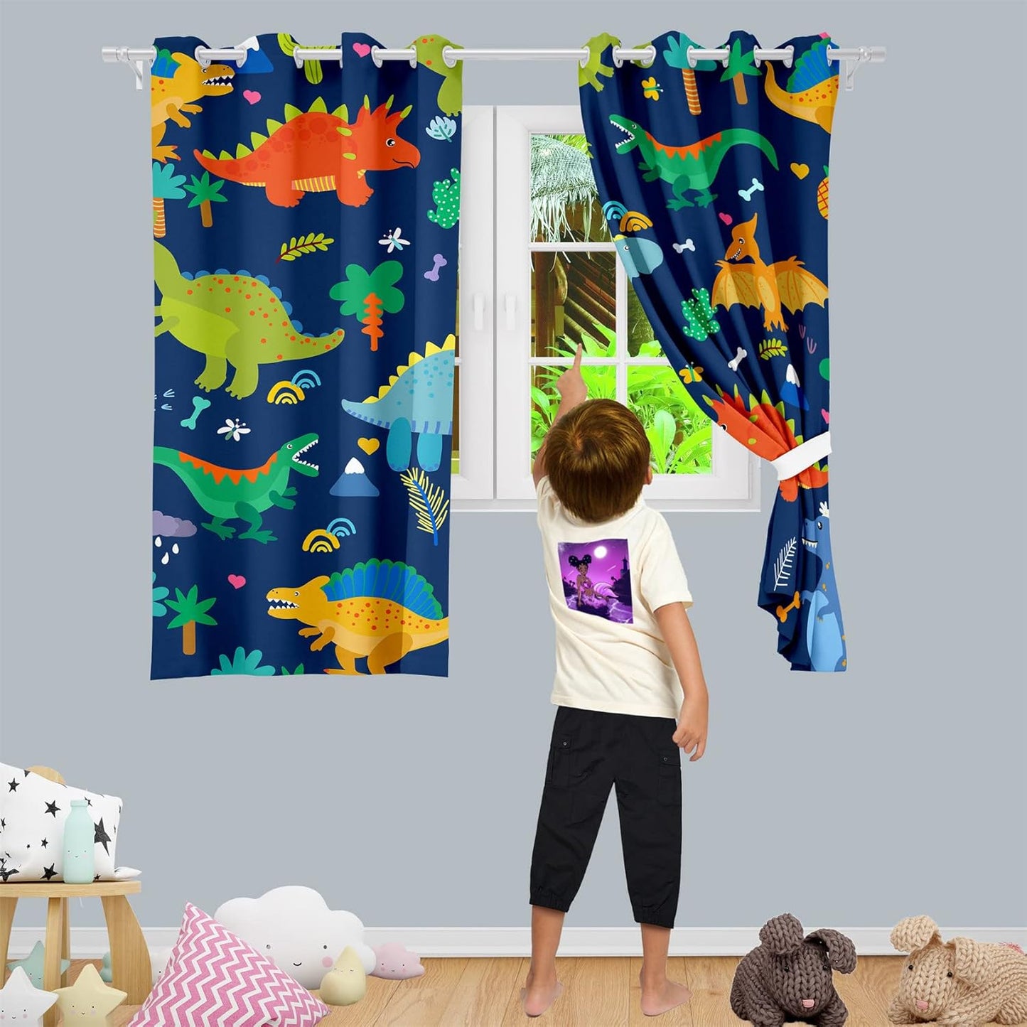 Dinosaur Blackout Curtains 2 Panels 63" Inch Drapes Boys Curtains for Bedroom Cute Dinosaur Themed Grommet Top Thermal Insulated Boys Room Curtains for Nursery, Navy Blue, 82" x 63"