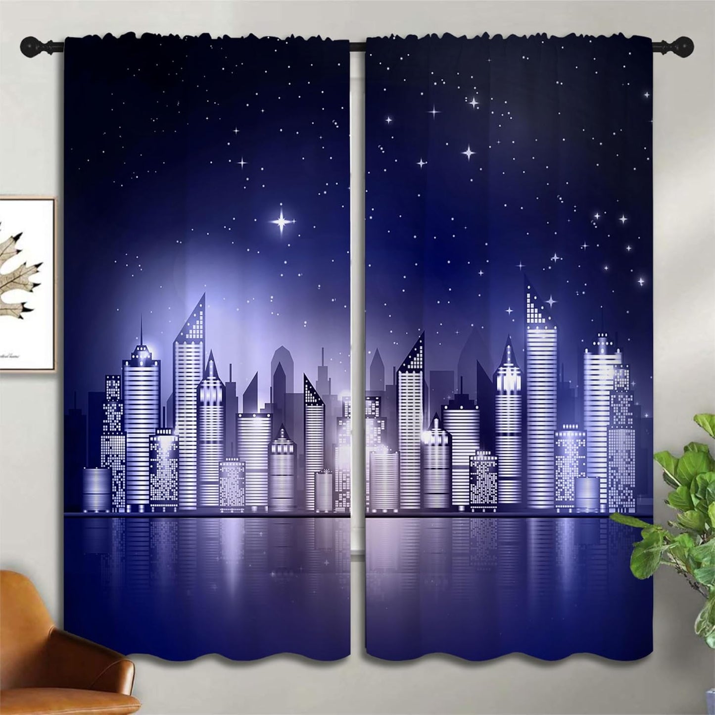 City Rod Pocket Blackout Curtains for Boy Girl Bedroom, New York Skyline Modern City Starry Sky Night View Thermal Insulated Home Window Drapes for Living Room Darkening, 55x63 inch