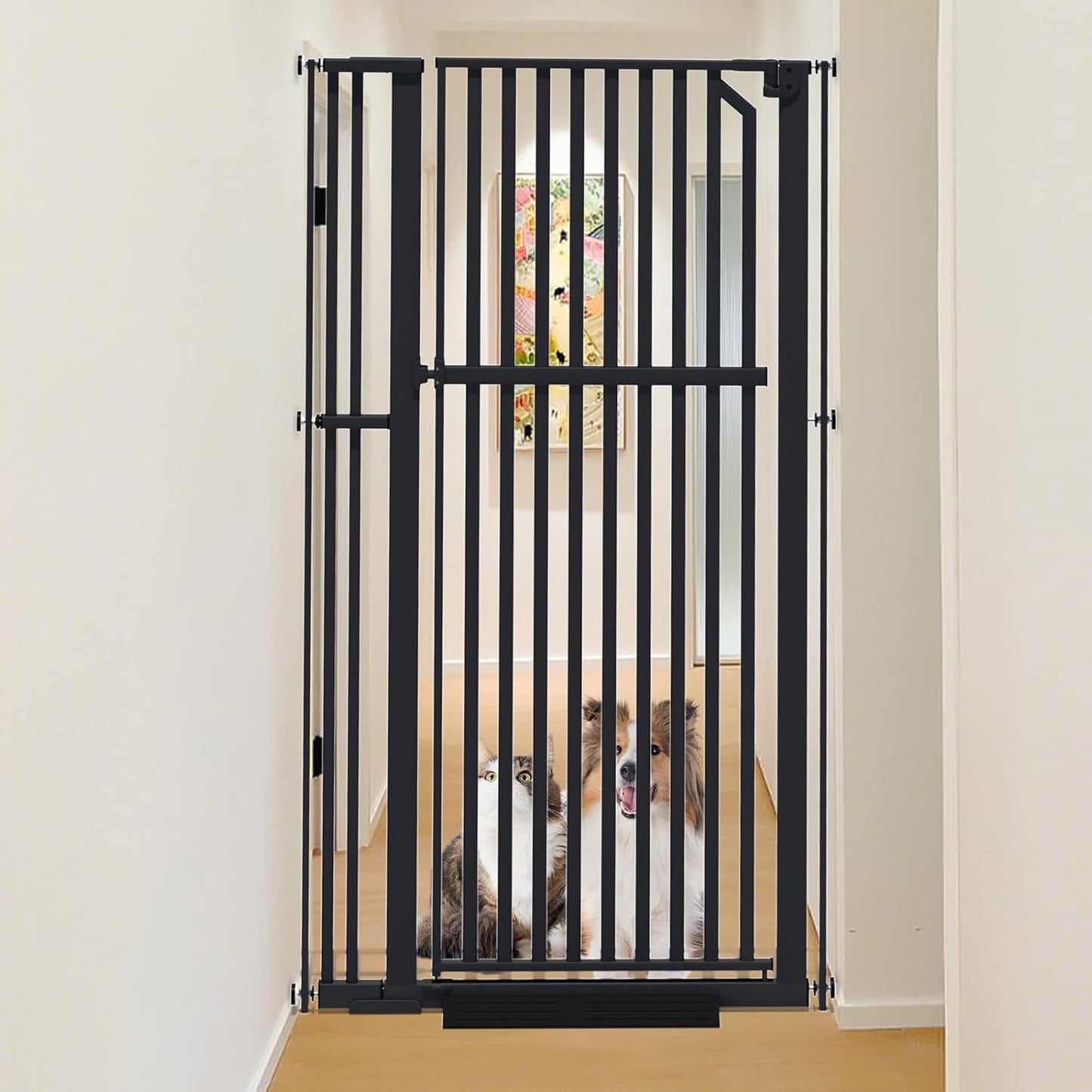 Glaf Extra Tall Pet Gate 63" Pressure Mounted Cat Door Safety Metal Cat Gate Adjustable Width Dog Door Auto-Close Dog Gates for Doorways, Stairs, Kitchen, Hallway (Black, 33.86-37.4")