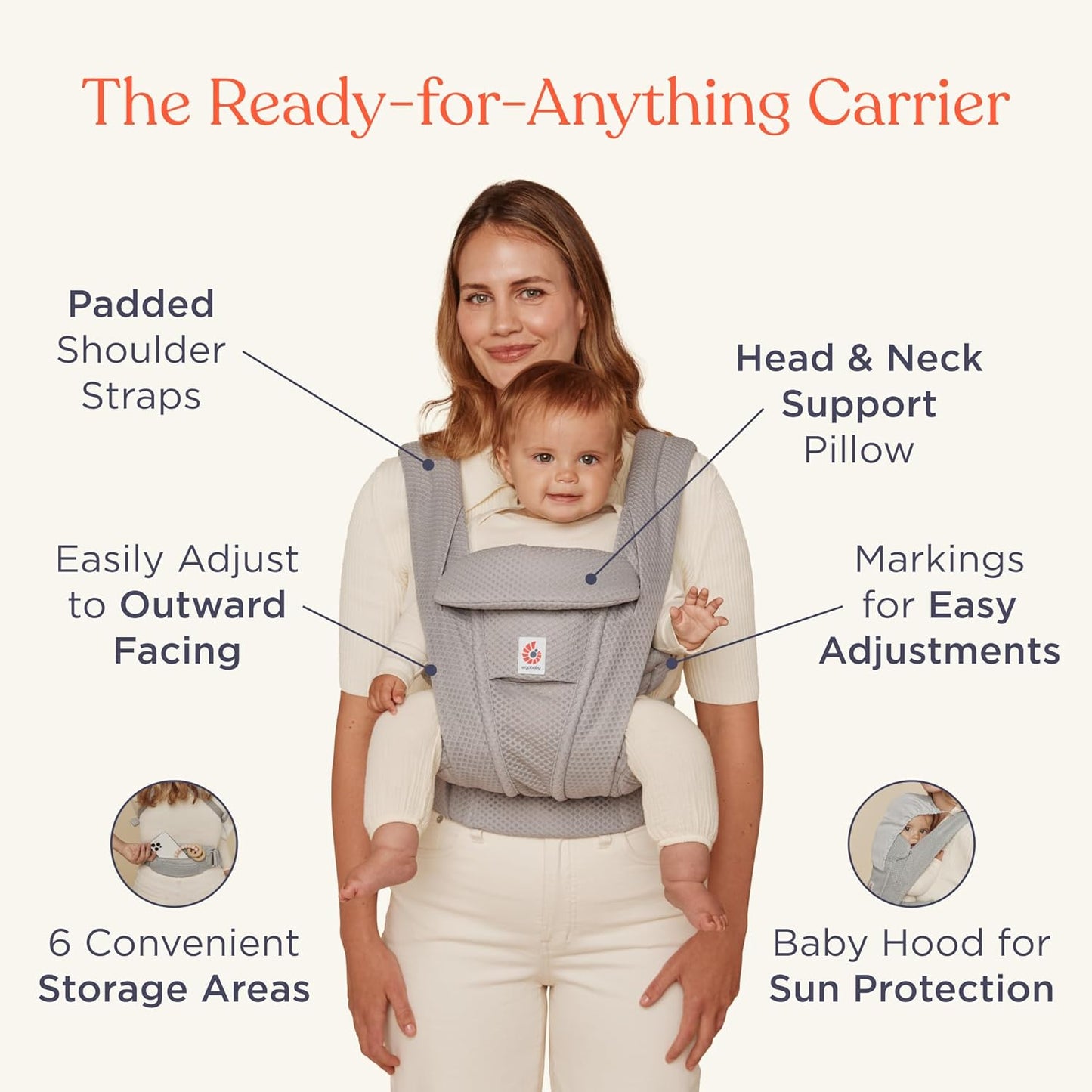 Ergobaby Omni Deluxe Baby Carrier Newborn to Toddler - Breathable Baby Carriers for Summer - All-Position Carrier with Enhanced Lumbar Support & Airflow (7-45 Pounds), Mesh, Natural Beige