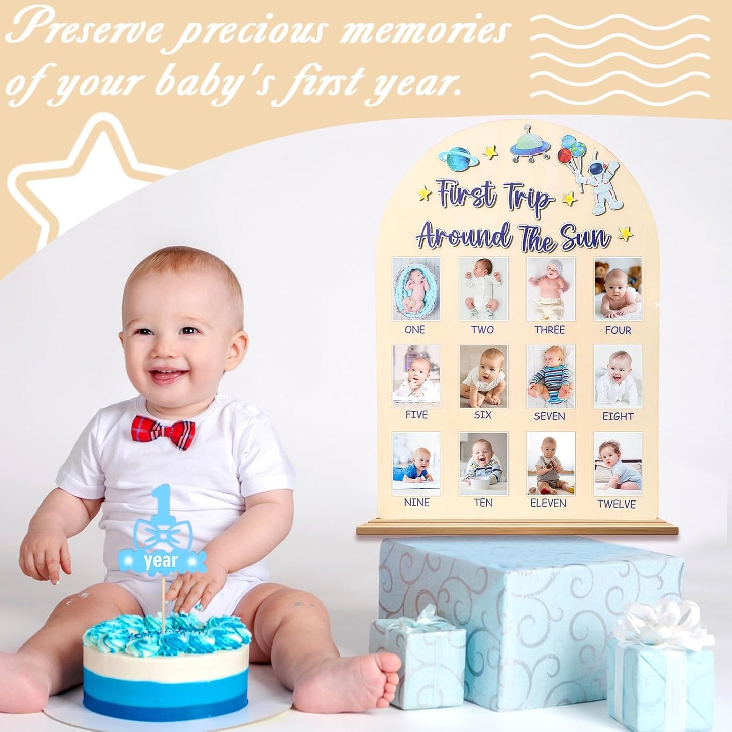 Space First Trip Around The Sun Photo Board One Year Birthday Party Decoration First Year Milestone Photo Board 12 Monthly Picture Frame 1st Birthday Banner for Baby Boy Keepsake Gift Supply 2x2.8In