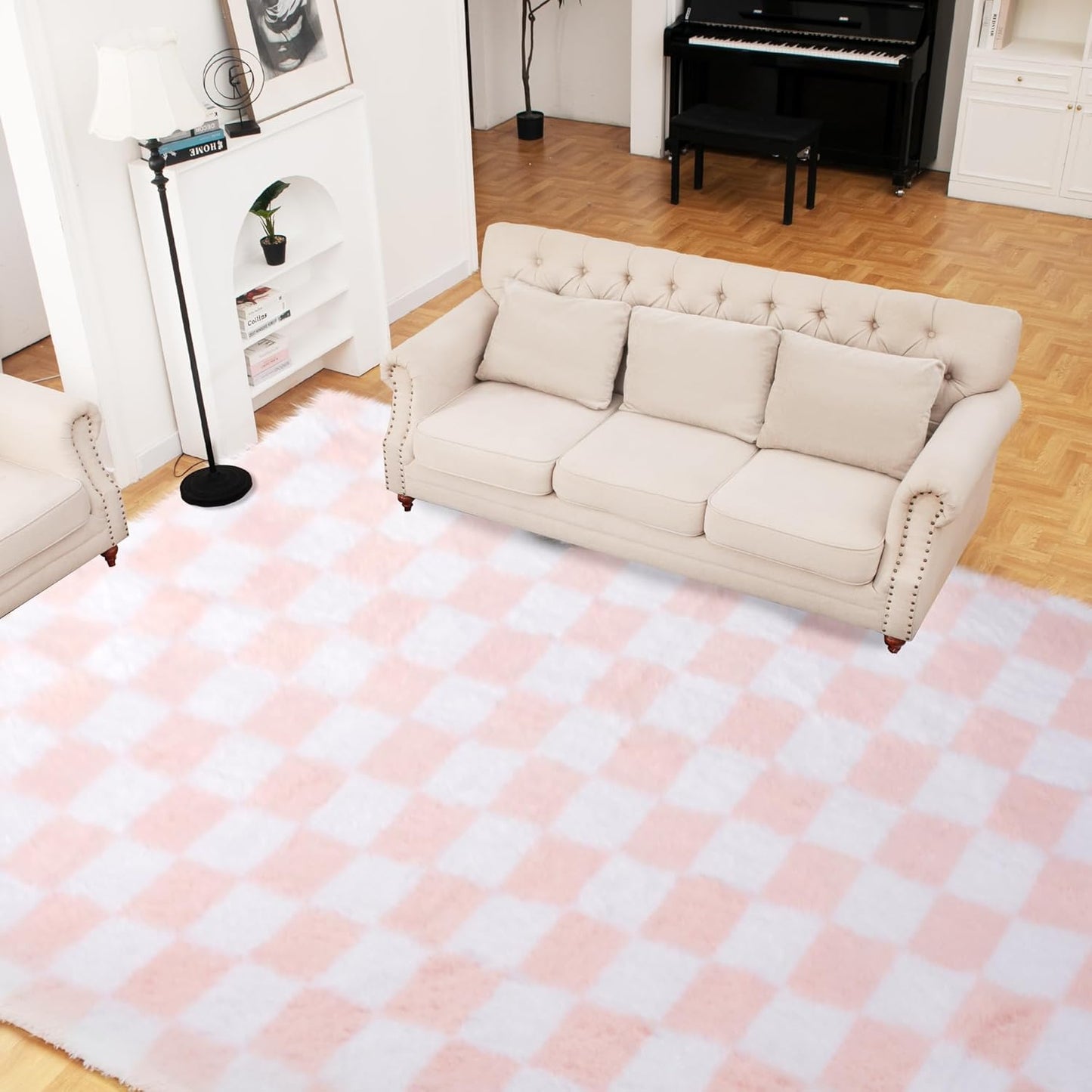Super Soft Rug for Bedroom, 8x10 Ft Pink and White Area Rug Classic Checkered Shaggy Anti-Skid High Pile Soft Fluffy Rug Fuzzy Carpet for Living Room Bedroom Kids Room Nursery, Dorm Home Decor