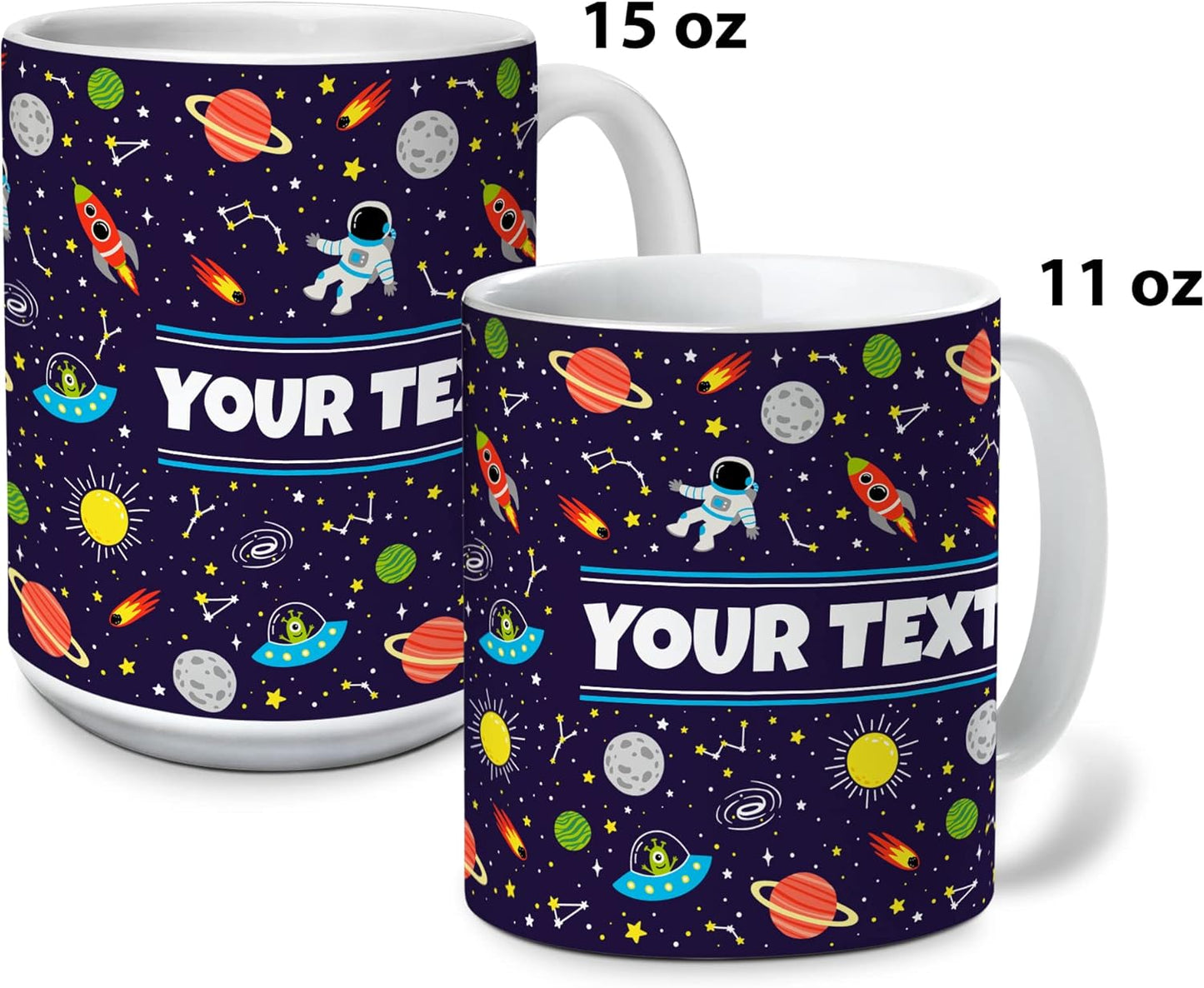Personalized Mug for Kids - Outer Space - Custom Name/Text, Ceramic Hot Chocolate/Cocoa/Coffee Cup for Boys/Girls, Birthday/Christmas/Holiday Gift - 15 oz, Light Blue Handle