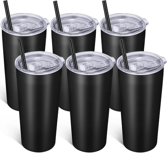 VEGOND 20oz Tumbler Bulk with Lid and Straw 6 Pack, Stainless Steel Vacuum Insulated Tumbler, Double Wall Coffee Cup Travel Mug, Black