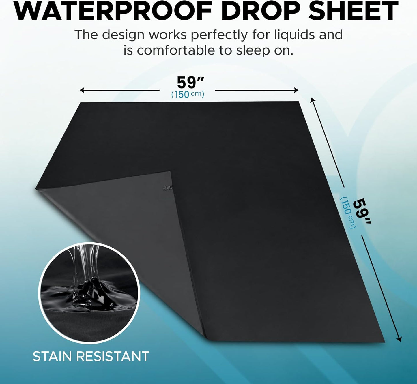 Black Waterproof Flat Drop Sheet (59”x59”), Mattress Topper, Protector Cover, Safe with Oil, Water-Based, & Silicone-Based Massage Products, Hypoallergenic, Noiseless, Machine Washable