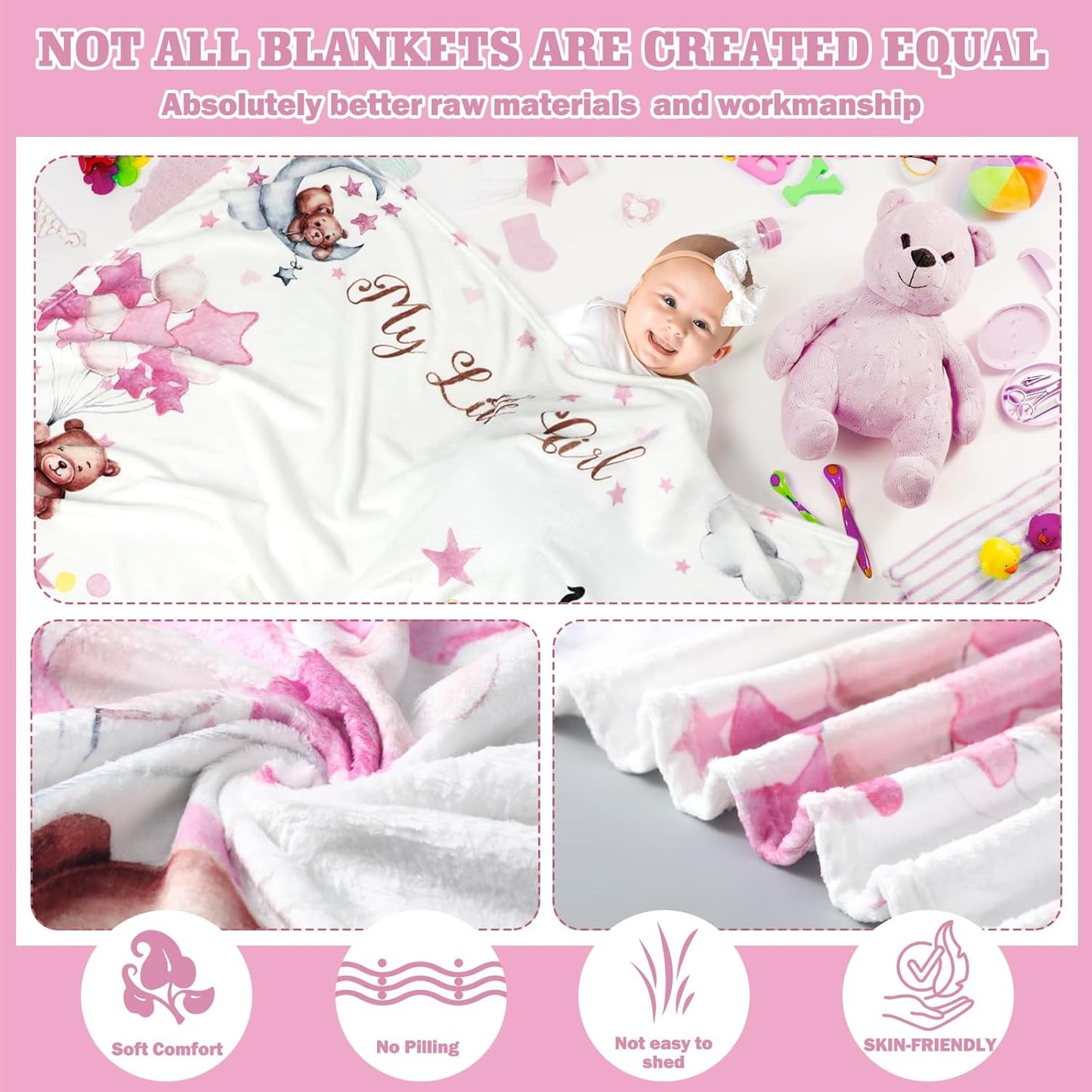 Sleeping Bear Monthly Baby Milestone Blanket Bear Star Balloon Flannel Blanket Boy Newborn Infant Swaddle Growth Chart Baby with Frame for Boys Girls Nursery (Pink)
