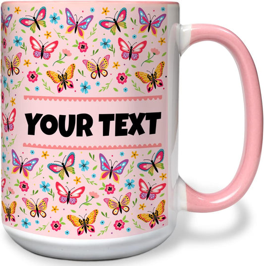 Personalized Mug for Kids - Butterflies - Custom Name/Text, Ceramic Hot Chocolate/Cocoa/Coffee Cup for Girls, Birthday/Christmas/Holiday Gift - 15 oz, Pink Handle