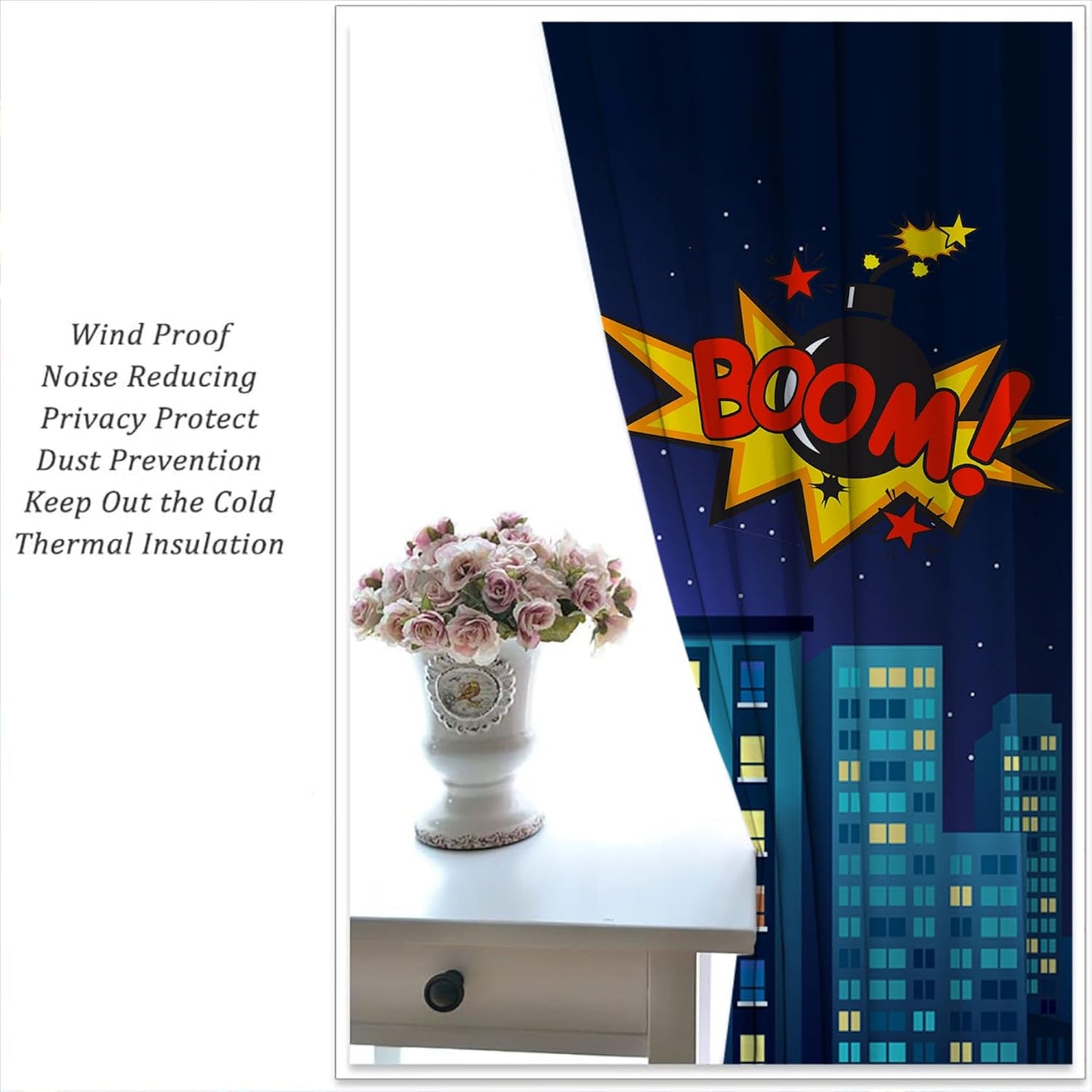 Superhero Rod Pocket Blackout Curtains for Boy Girl Bedroom, Cartoon Skyline Buildings Cityscape Home Energy Efficient Light Filtering Window Curtain for Living Room, 42x63 inch