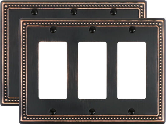 2-Pack Triple Decorator Outlet Cover Plate, Aged Bronze Pearls Decorative Switch Plates and Outlet Covers, Metal Wall Plates for Electrical Outlets, Receptacle, GFCI Outlet, Dimmer Switch