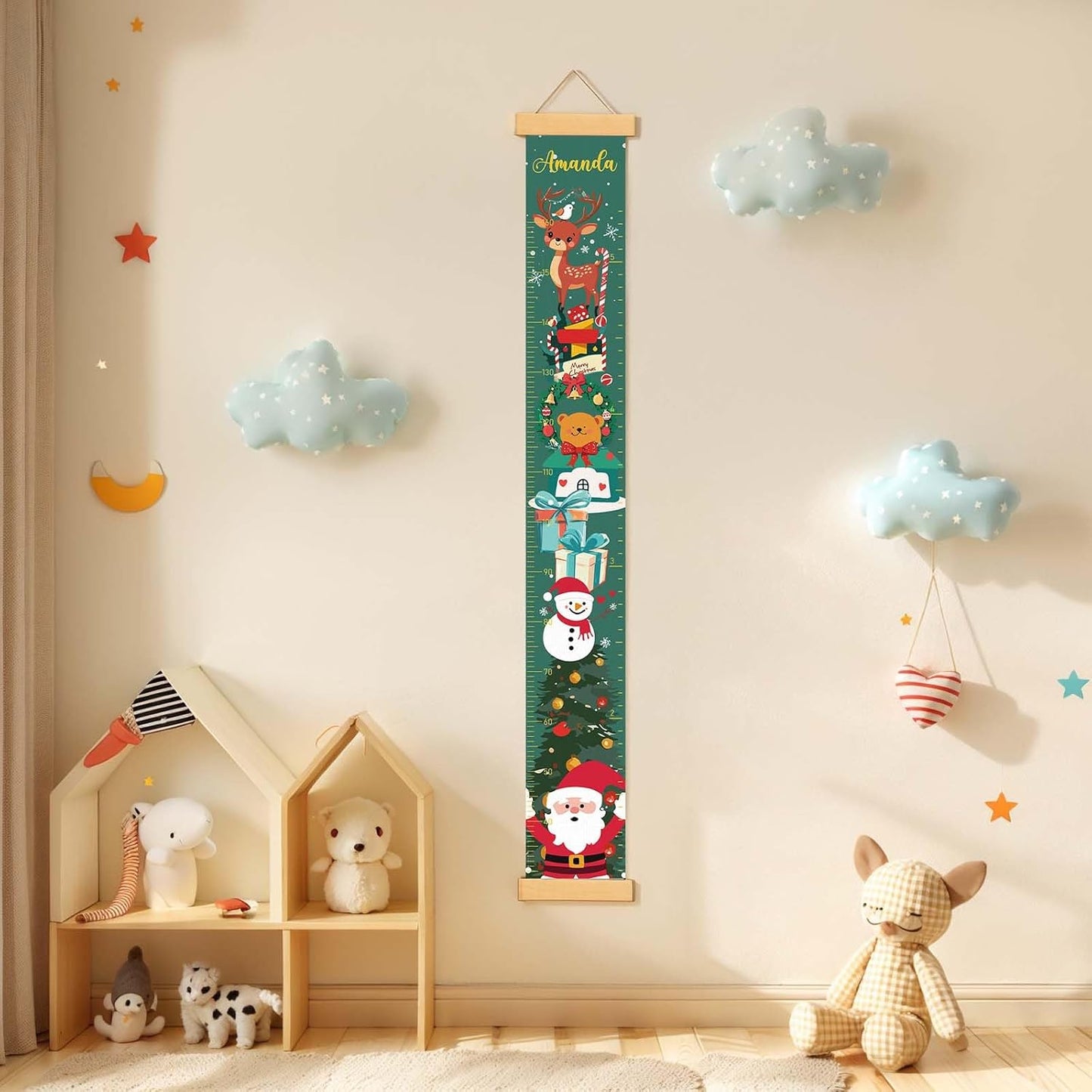 Personalized Name Growth Chart for Wall, Christmas Deer Height Chart, Waterproof Canvas Measure Wall Ruler Removable, Nursery Wall Decor for Baby Kids Toddlers,Christmas Gifts for Kid