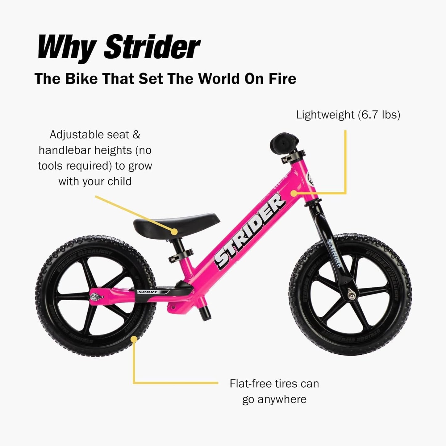 Strider 12” Sport Bike - No Pedal Balance Bicycle for Kids 1 to 4 Years - Includes Safety Pad, Padded Seat, Mini Grips & Flat-Free Tires - Tool-Free Assembly & Adjustments