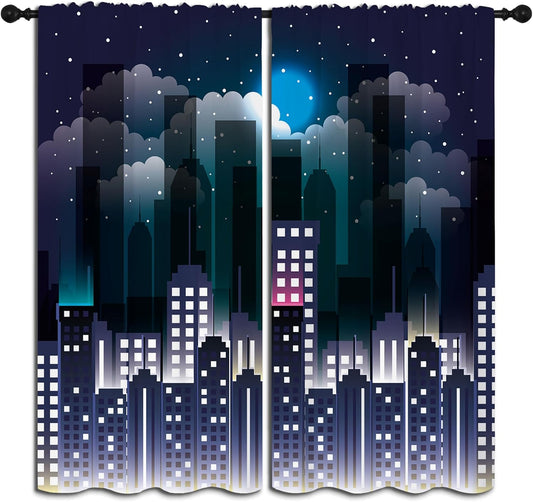 Superhero Rod Pocket Blackout Curtains for Boy Girl Bedroom, Violet Night Sky Buildings Cityscape Thermal Insulated Home Window Drapes for Living Room Darkening, 84x72 inch