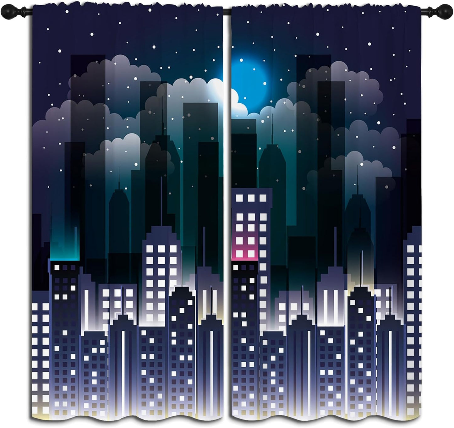 Superhero Rod Pocket Blackout Curtains for Boy Girl Bedroom, Violet Night Sky Buildings Cityscape Home Energy Efficient Light Filtering Window Curtain for Living Room, 84x63 inch