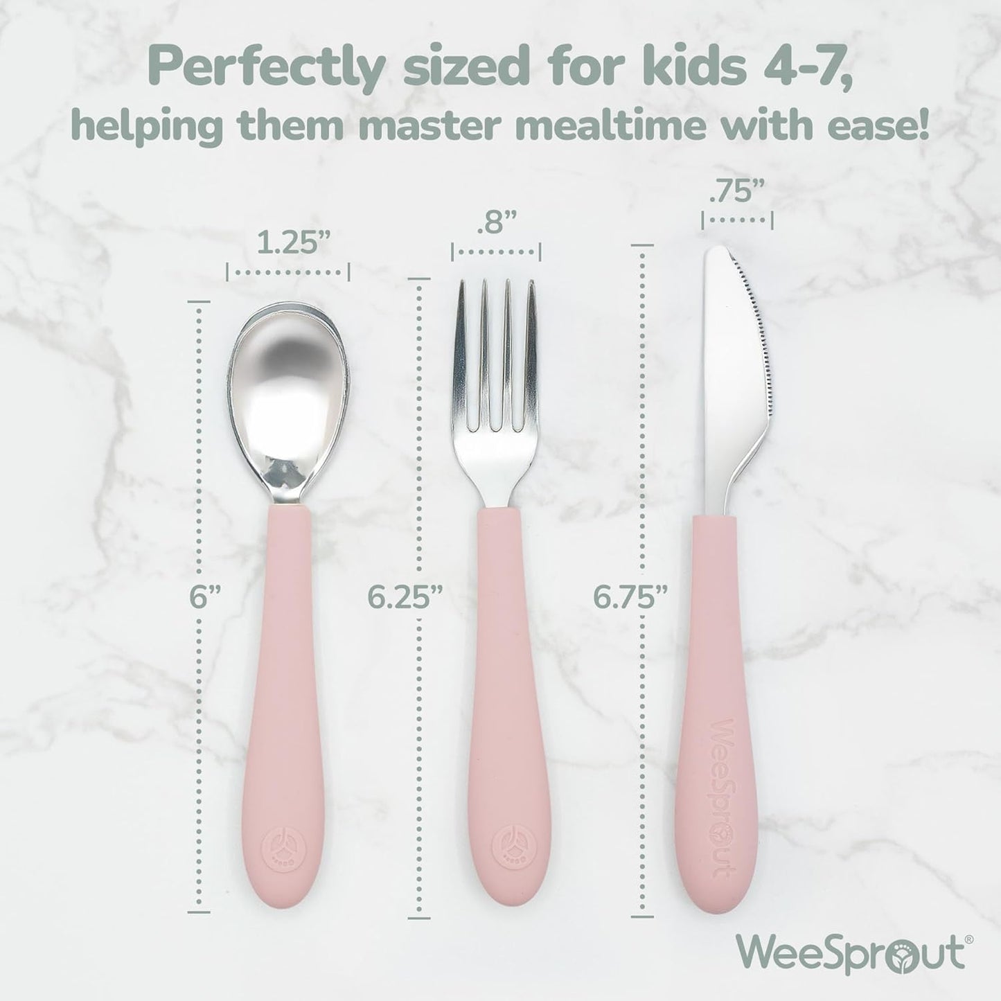 Kids Stainless Steel Utensils Set - Premium 18/8 Grade Silverware Kit - 2 Spoons, 2 Forks, and 2 Knives for Ages 4-7 - Silicone Easy-Grip Handles - Children Flatware Cutlery (Matte - Pink, Off White)