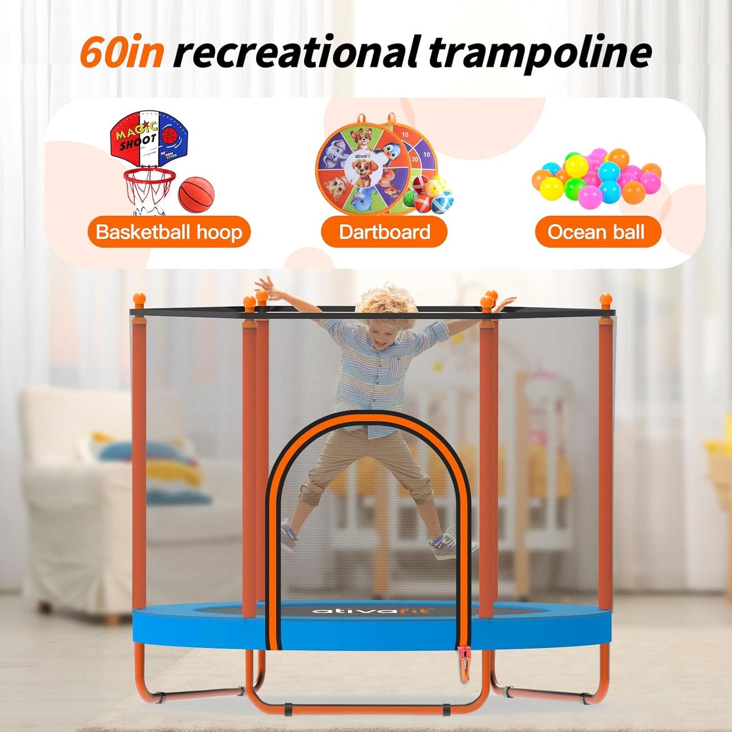 Ativafit 60'' Rebounder Trampoline Indoor Outdoor for Kids Ages 1-8, 5 FT Recreational Toddler Trampoline with Safety Enclosure Net Gifts with Basketball Hoop Dartboard Ocean Bal