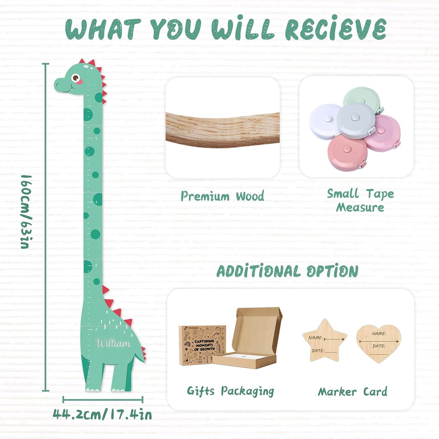Wooden Dinosaur Height Chart – Personalized Name Growth Chart for Kids, Wall Decor 63" x 17.4"