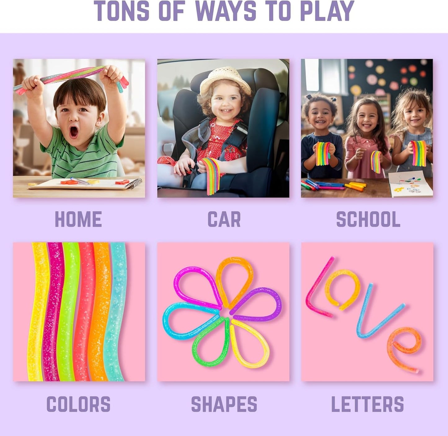 BUNMO Stretchy Strings - Sensory Toys for Toddlers 1-3 - Stimulating & Addictive Sensory Toys for Kids with Autism - Fidget Toy for Anxiety & Stress Relief - Hours of Fun for Kids - Glitter 6pk