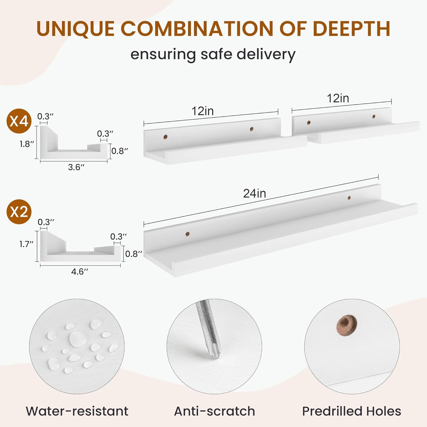 Axeman Picture Ledge Shelf, Floating Shelves for Wall Decor Storage Set of 6, 24 inch Floating Wall Mounted Shelves, Wall Shelves with Lip for Living Room, Bedroom, Nursery, Bathroom, Kitchen, White