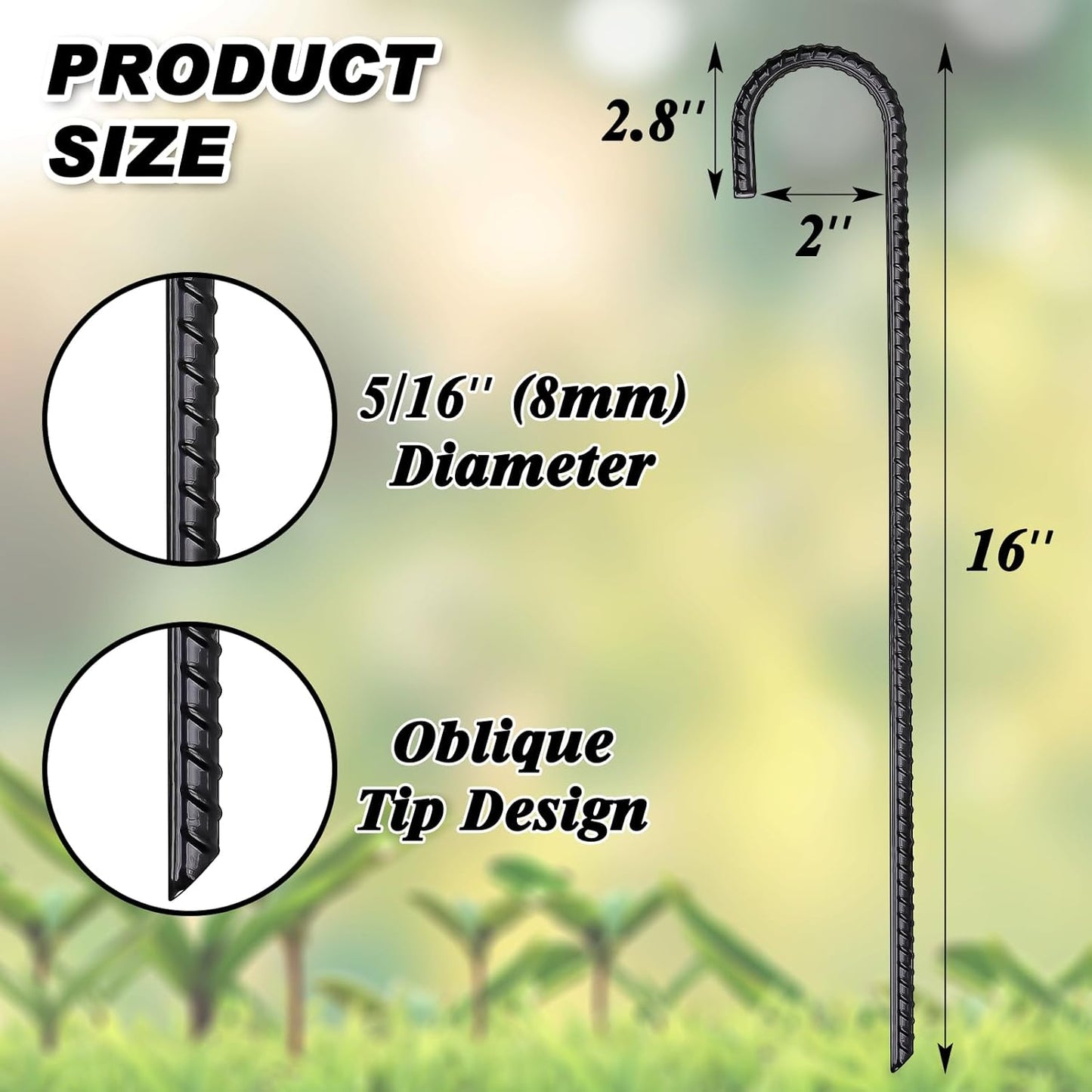 FEED GARDEN 16 Inch 16 Pack Rebar Stakes Heavy Duty J Hook, Galvanized Steel Ground Stakes Tent Stakes Ground Anchors, Chain Link Fence Stakes, Trampoline Stakes, Black