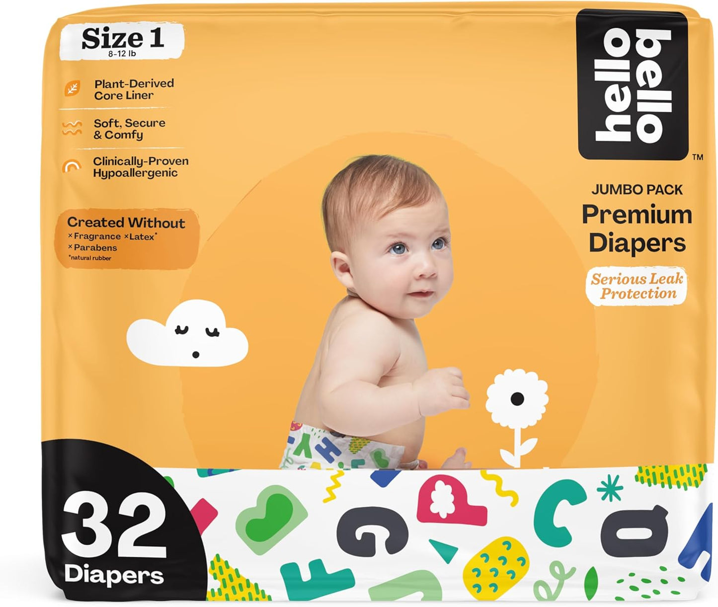Hello Bello Premium Baby Diapers Size 1, 32 Count of Disposable, Extra-Absorbent, Hypoallergenic Baby Diapers with Snug and Comfort Fit, Alphabet Soup