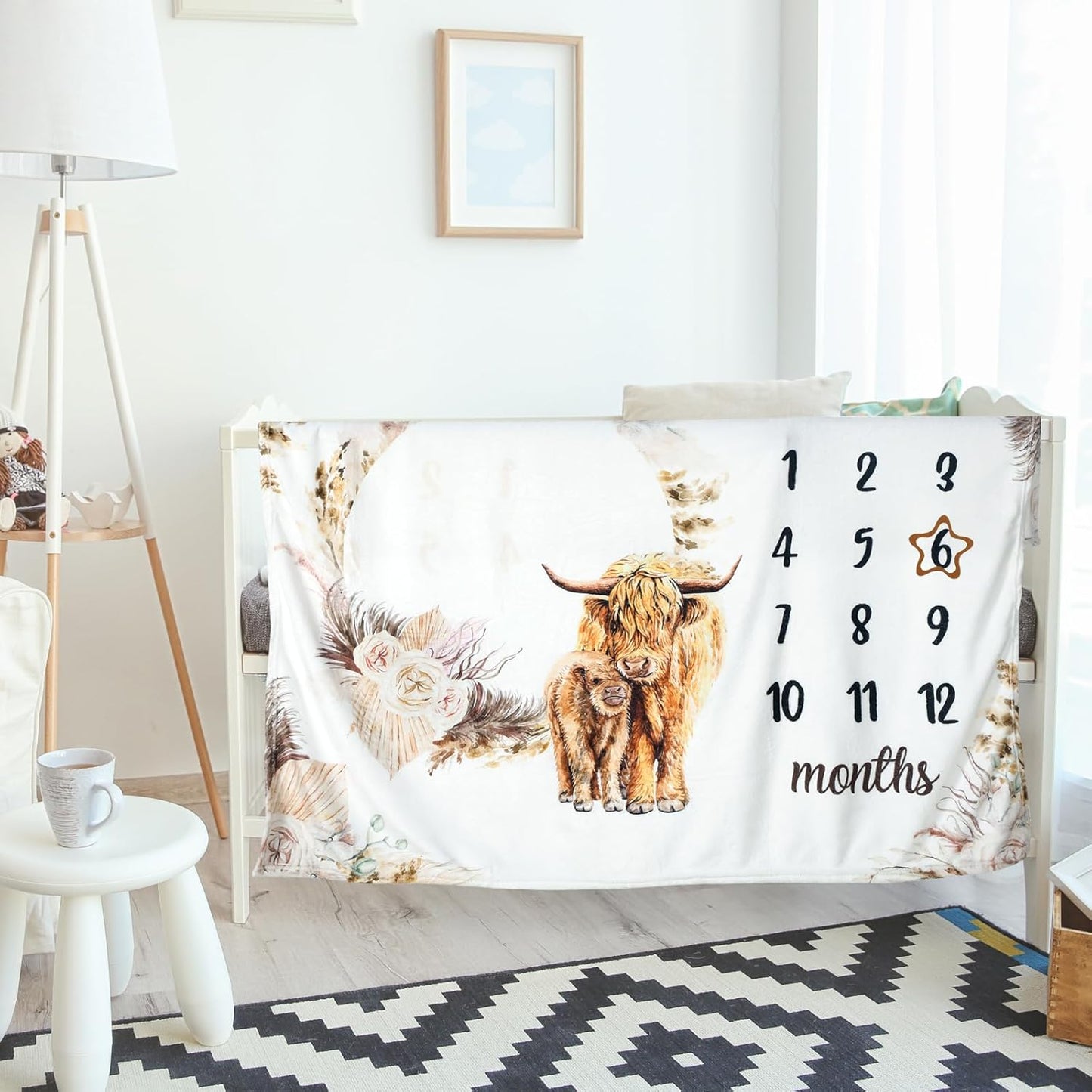 Boho Floral Baby Monthly Milestone Blanket Neutral Bohemian Photo Prop Blanket Personalized Highland Cow Baby Present Pampas Grass Ideas for Newborn Nursery Decor (Brown, Highland Cow)