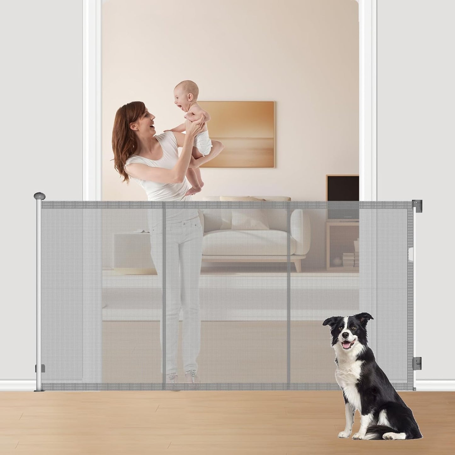 Extra Tall 50'' Reinforced Retractable Mesh Baby Gates with Reinforced Strips,Dog Gate Extends to 55" Wide,Prevents Bottom Drilling Through Baby and Pet,Retractable Pet Gate for Outdoor/Indoor