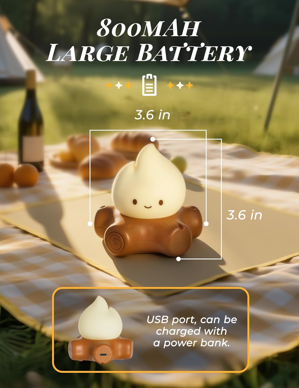 Campfire Night Light for Kids, Cute Campfire Lamp Gifts, LED Light up Flame Lights, Dimmable, Rechargeable Bedside Nightlight, Baby Nursery Dorm Kawaii Décor Toys