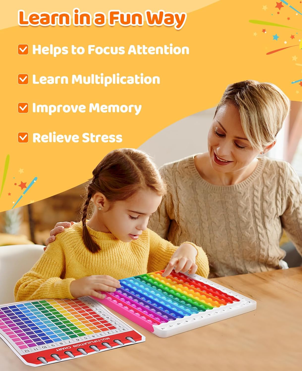 Multiplication Game Fidget Toys,9.8 x 10.2in Multiplication Fidget Table with Multiplication Chart for Kids,Math Manipulatives Kindergarten 1st 2nd 3rd 4th 5th Grade,Stress Relieving