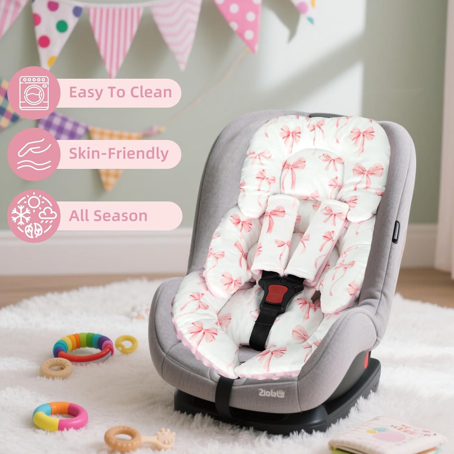 Infant Car Seat Insert Cushion, Baby Car Seat Head Body Support for Girls & Boys, Reversible Newborn Car Seat Insert with 2 Extra Strap Paddings, Premature Car Seat Cushion, Pink Bow