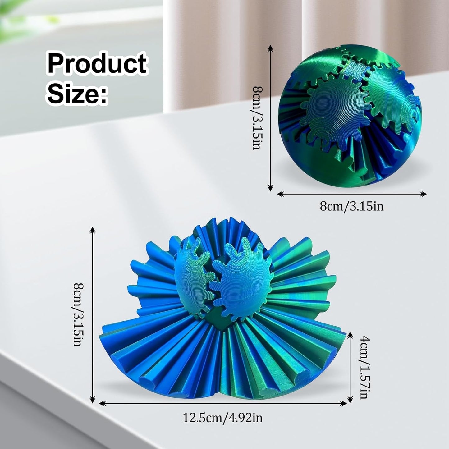 Gear Ball, 3D Printed Gear Ball Spin Ball Cube Fidget Toy, Gear Sphere Fidget Ball, Stress Ball, GearSphere Desk Toy, Gear Toy for Stress and Anxiety Relaxing (Laser Green)