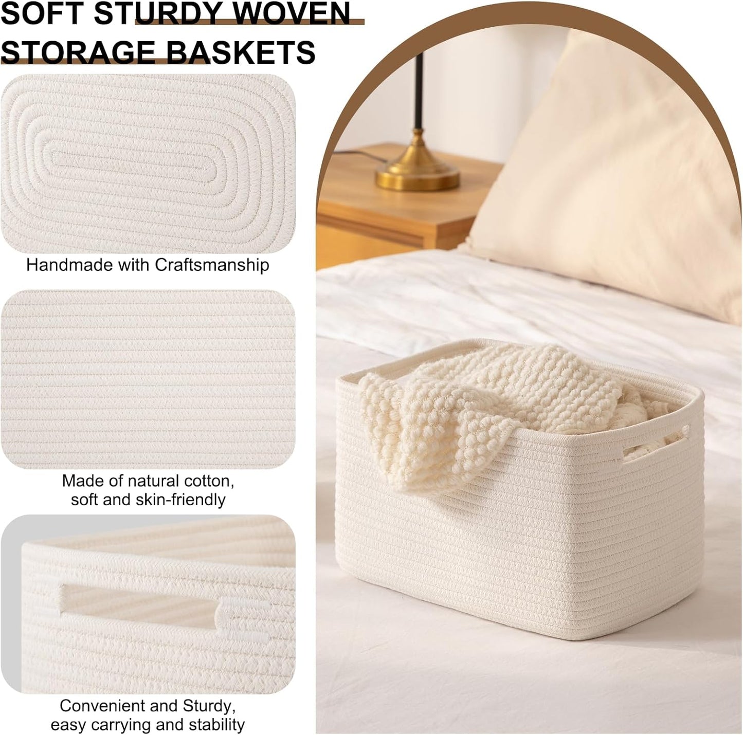 Storage Baskets for Organizing, Woven Decorative Baskets for Shelves - Books, Towels, and Clothes, Cotton Rope Toy Storage Bins, 12.7''Lx9''Wx7.8''H, Pack of 4, White