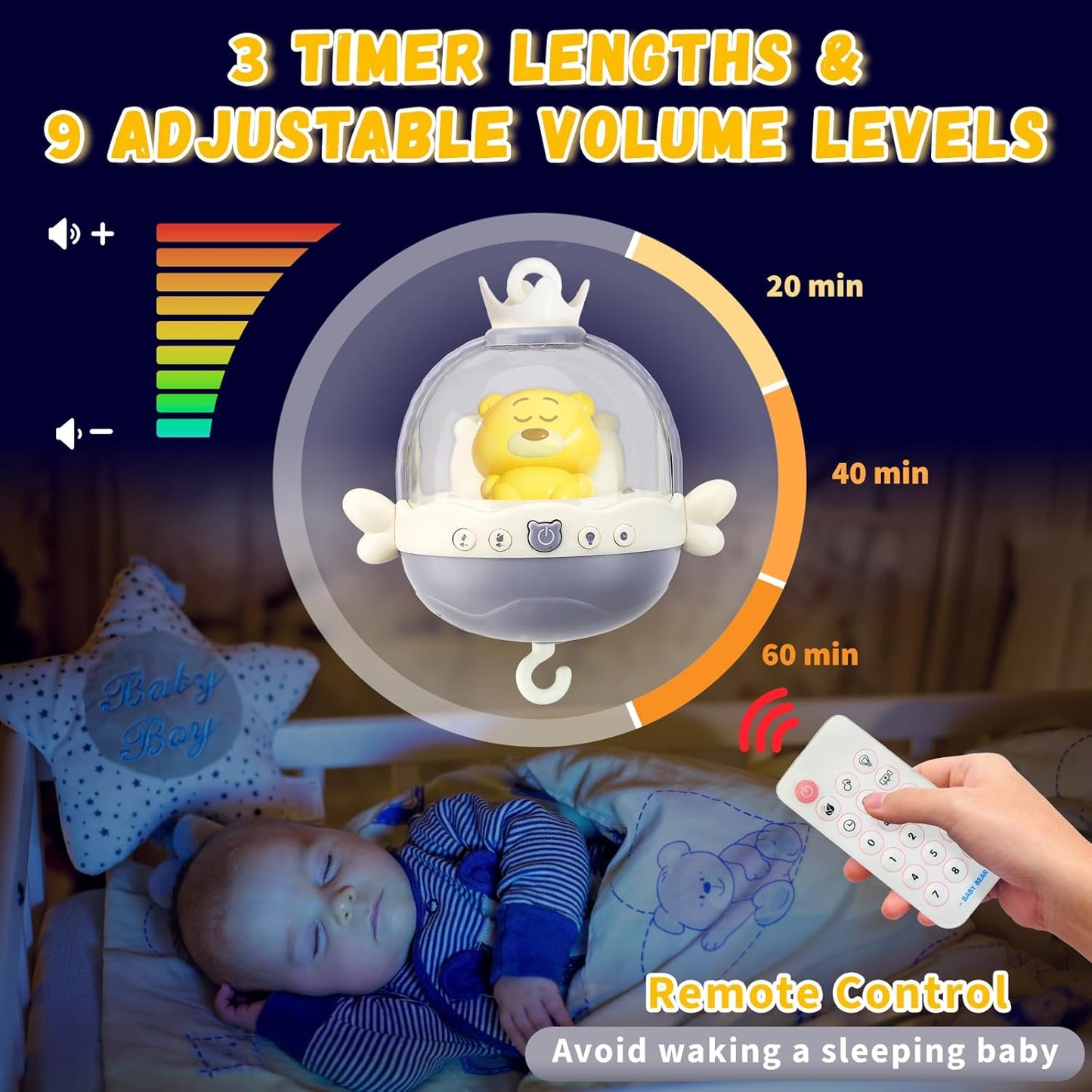 Baby Crib Mobile with Night Lights and Music,Hanging Mobile for Crib Bassinet with Rotation, Projection,Remote Control,Babies Crib Toys for Nursery Newborn Infant Boys Girls (Gray)