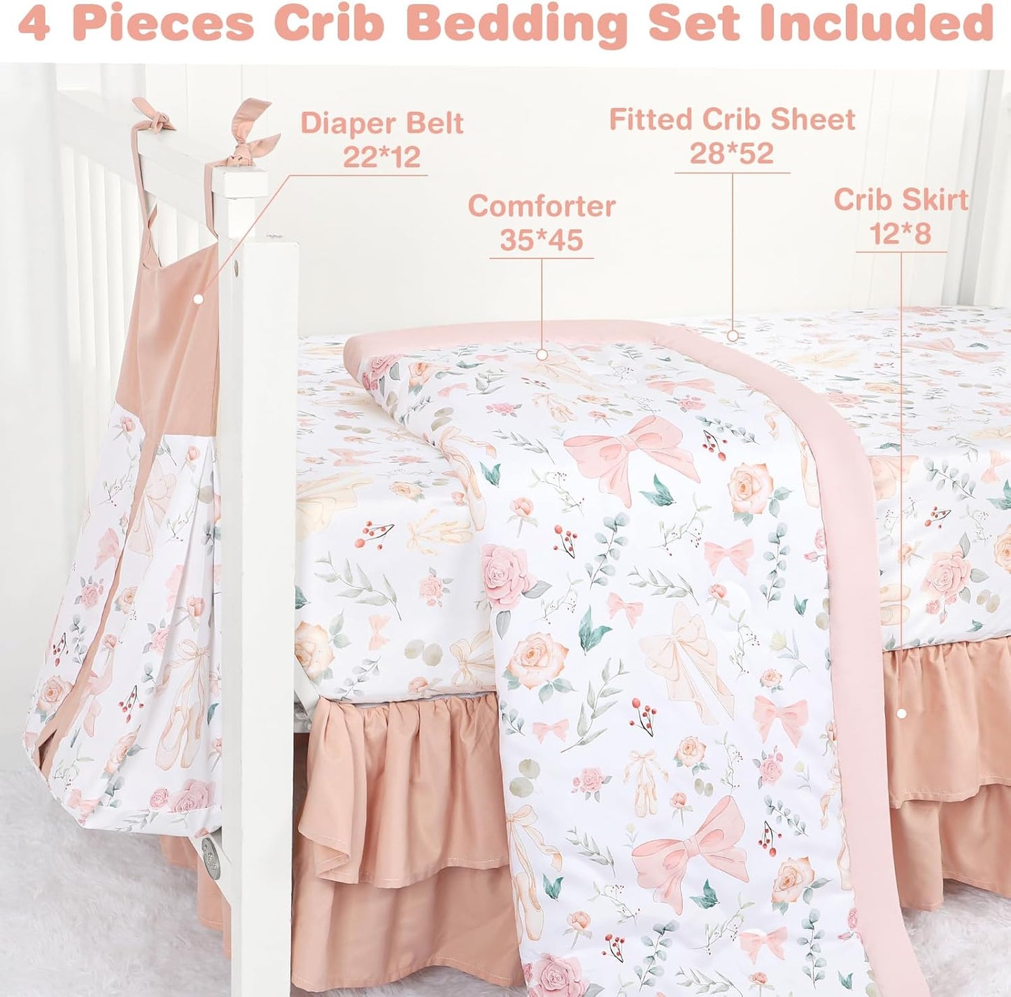 GFU Crib Bedding Set for Girls 4-Piece, Bow Baby Girl Crib Bedding Set Pink Flowes, Nursery Sets Includes Comforter, Fitted Crib Sheet, Crib Skirt, and Diaper Stacker