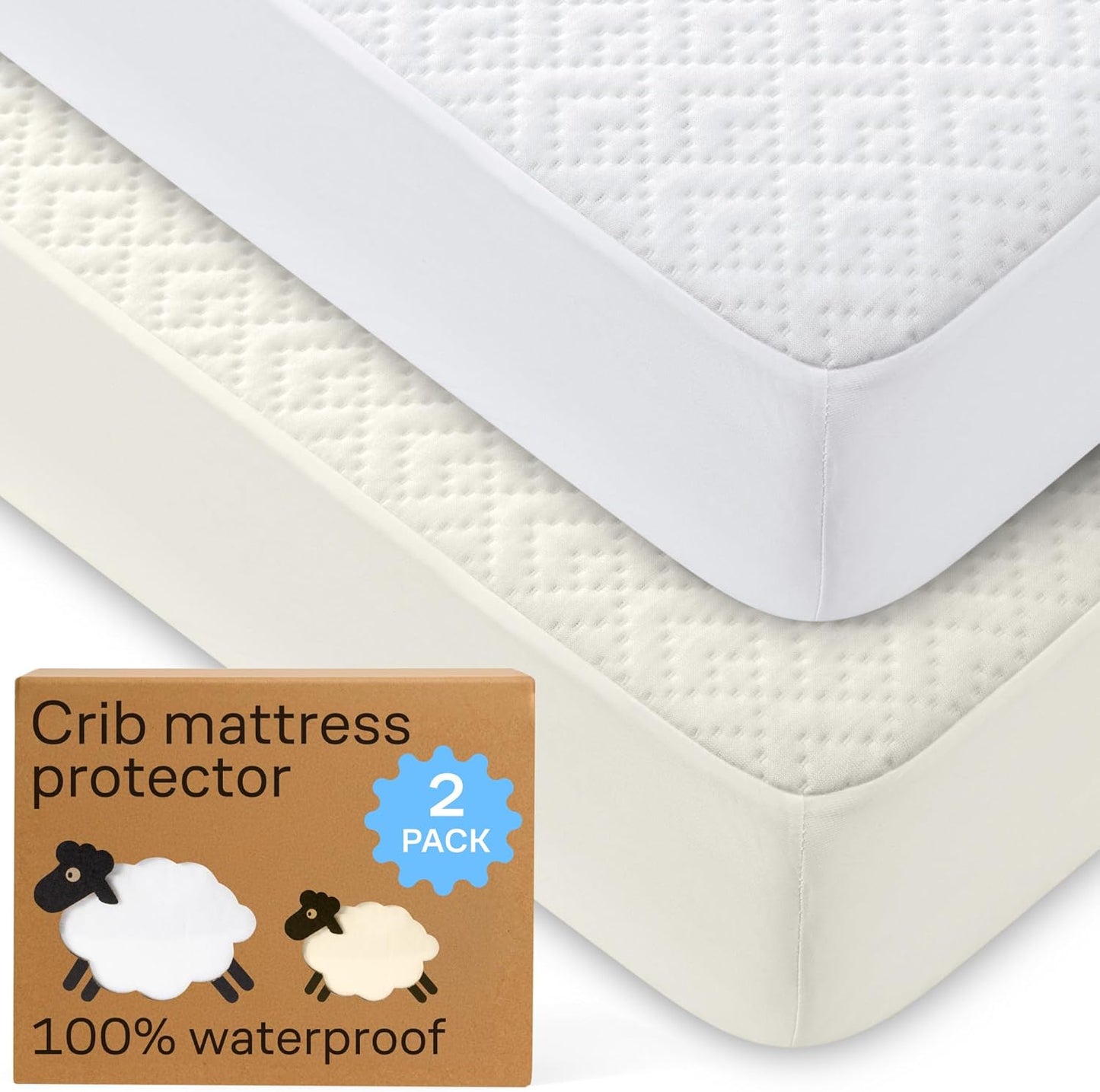 Niagara Crib 2 Pack 100% Waterproof Mattress Protector, Soft Breathable Crib Mattress Protector with Deep Pocket, Mattress Pad for Toddler and Baby (52x28, White, Beige) - Viscose Made from Bamboo