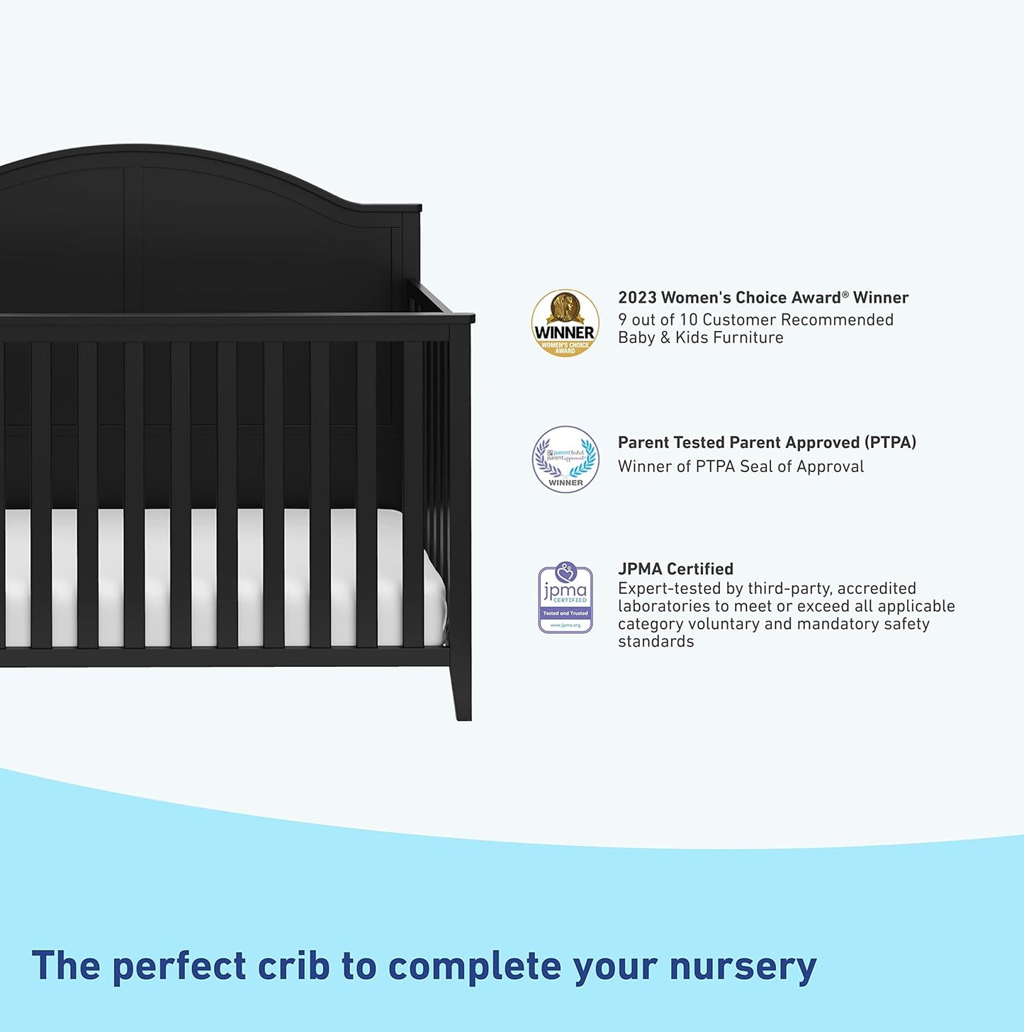 Graco Wilfred 5-in-1 Convertible Crib (Black) – GREENGUARD Gold Certified, Converts to Toddler Bed and Full-Size Bed, Fits Standard Full-Size Crib Mattress, Adjustable Mattress Support Base