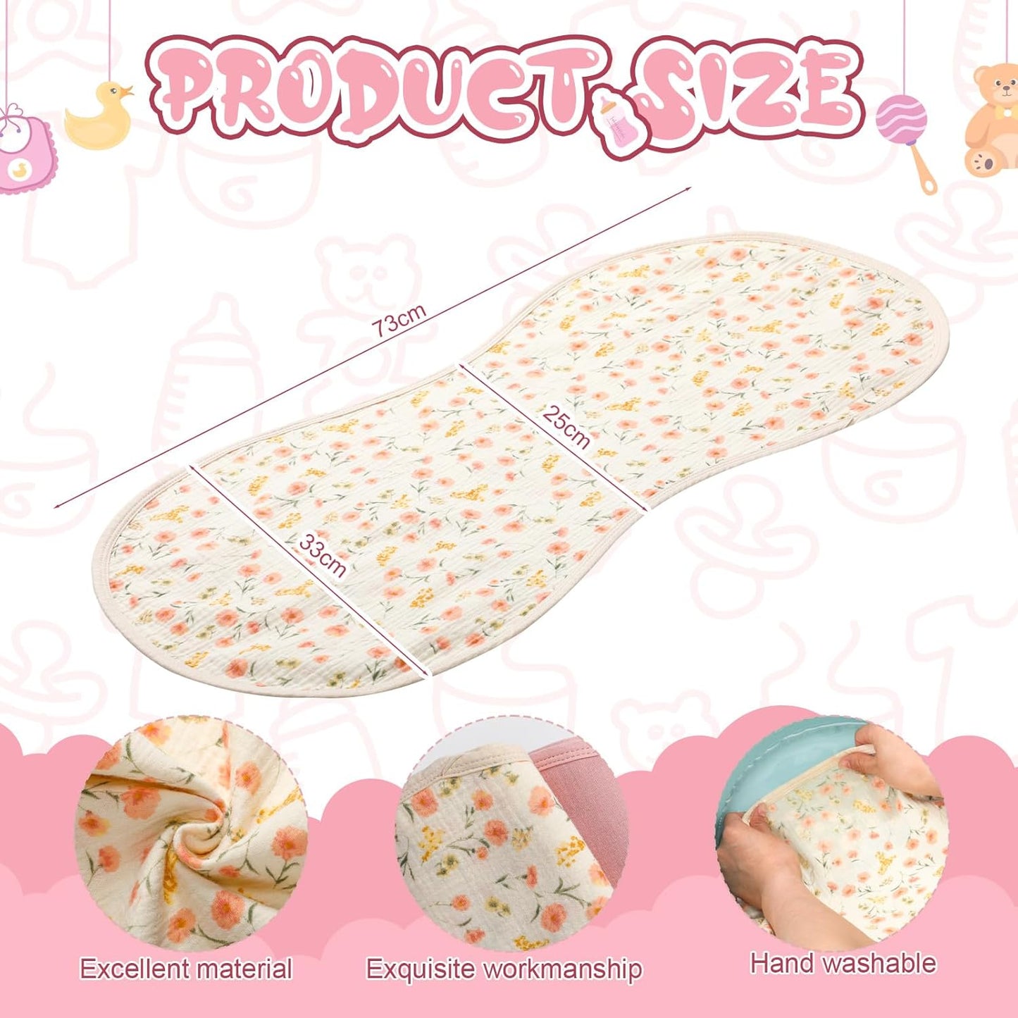 3 Pcs Changing Pad Liners Fits in Peanut Shape Changing Pad Waterproof Diaper Mats Organic Cotton Peanut Mats are Warm on a Baby's Back, Washable Reusable(Beautiful Style,Pink)