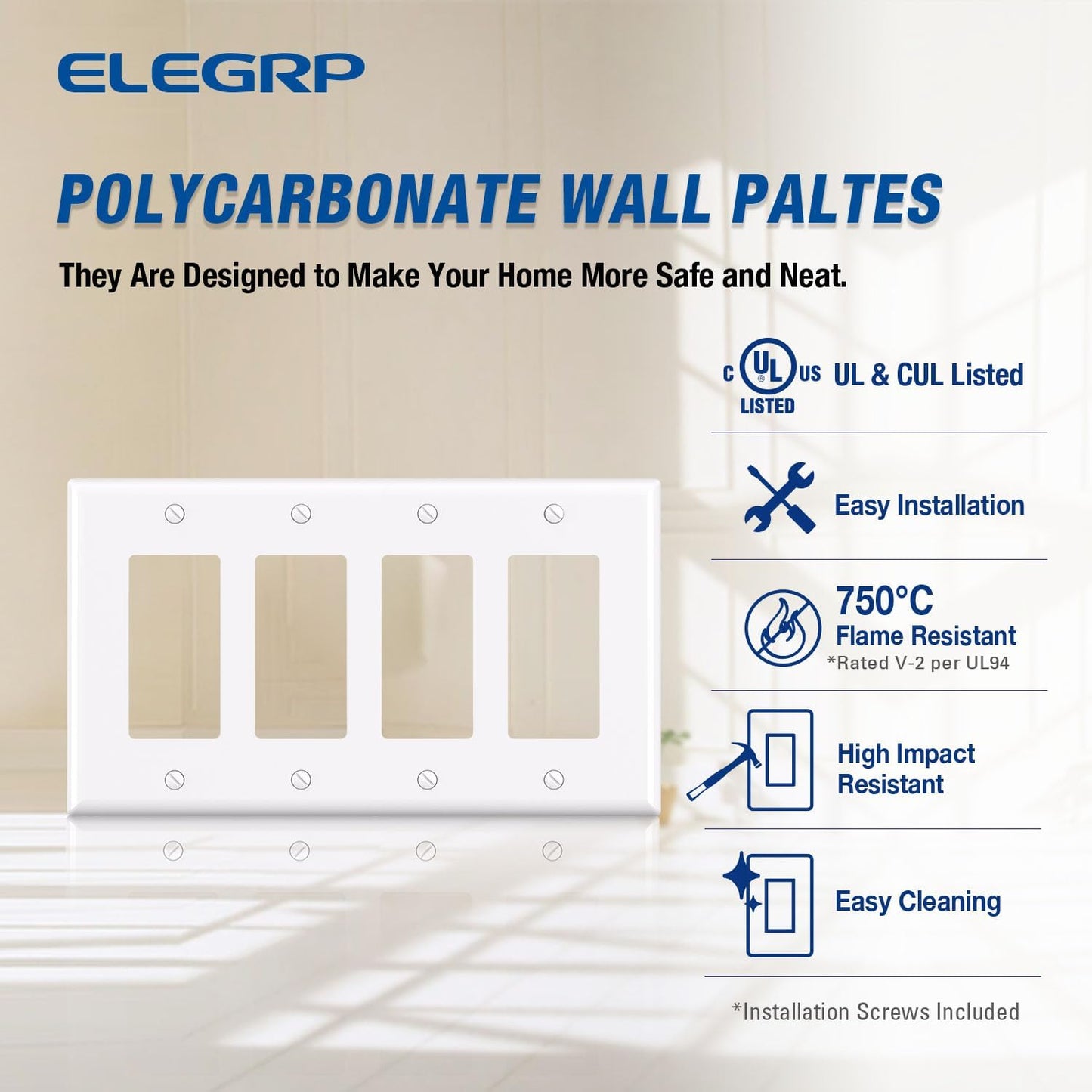 ELEGRP 4-Gang Decorative Wall Plates, Mid-Size 4.88" H x 8.57" L Unbreakable Thermoplastic Faceplate Cover for Decorator Receptacle Outlet Switch, UL Listed (1 Pack, Glossy White)