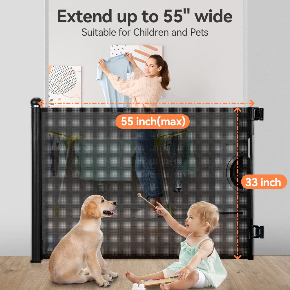 COMOMY Retractable Baby Gate for Stairs, 0-55" Mesh Dog Gate for House Doorways Hallways, 33" Tall Extra Wide Child Safety Gate for Kids Pets, Indoor and Outdoor (Black)