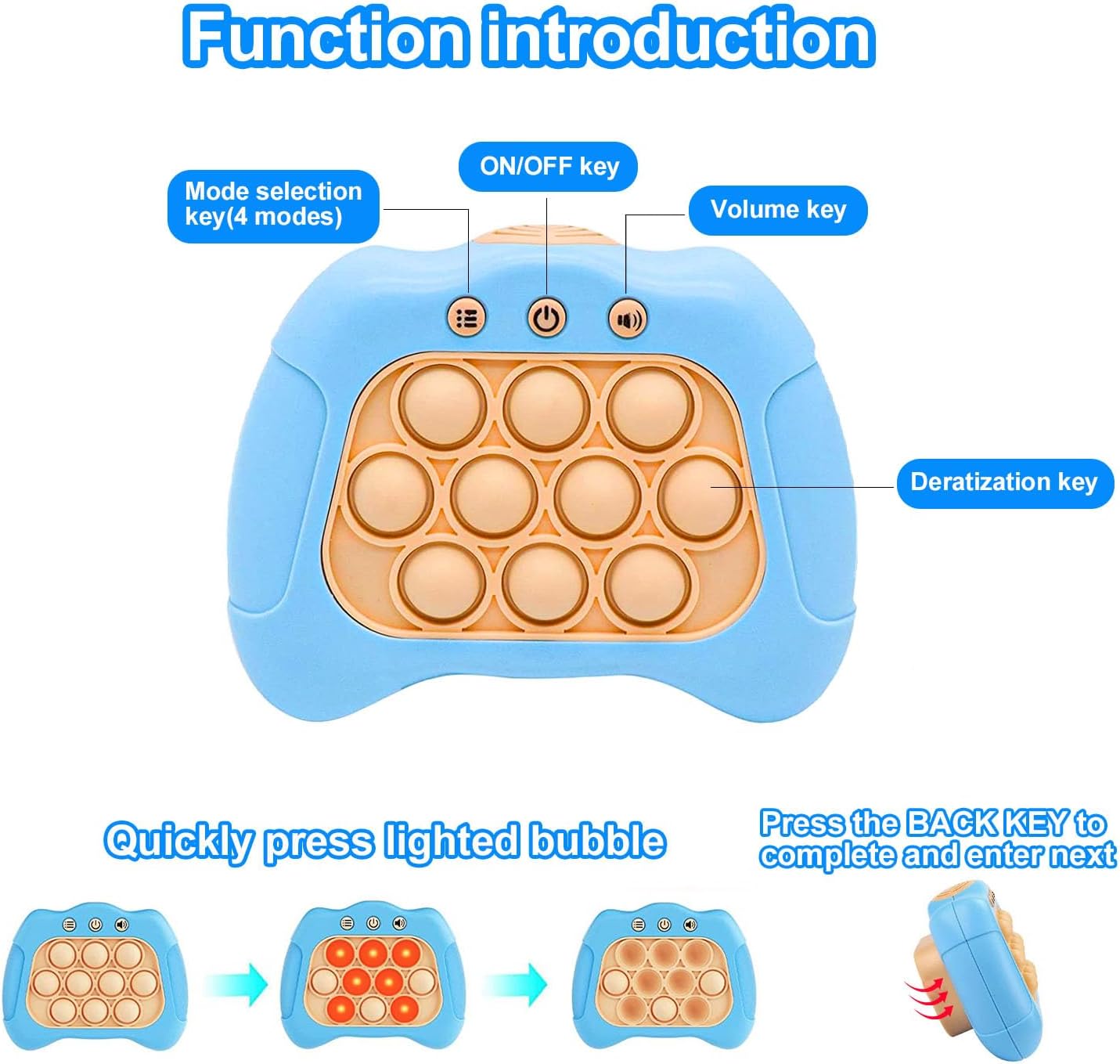 Quick Push Puzzle Game Machine Pop Fidget Light-Up Squeeze Poppet Sensory Toy Educational Push Pop Bubble Toy Stress Relief Party Favors Puzzle Game for Kids Teens Adults (Baby Blue)