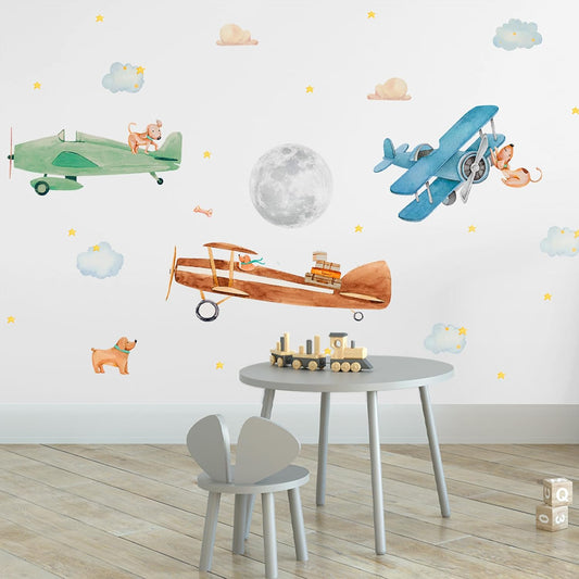 Airplane Wall Decals by Lipastick - Wall Stickers for Boys Room, Watercolor Vintage Plane Stickers for Kids, Baby Nursery, Toddler Bedroom Decor - Premium Vinyl Aircraft Art - S Size