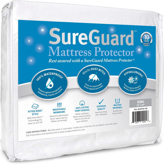 SureGuard King Size Mattress Protector - 100% Waterproof, Hypoallergenic - Premium Fitted Cotton Terry Cover White