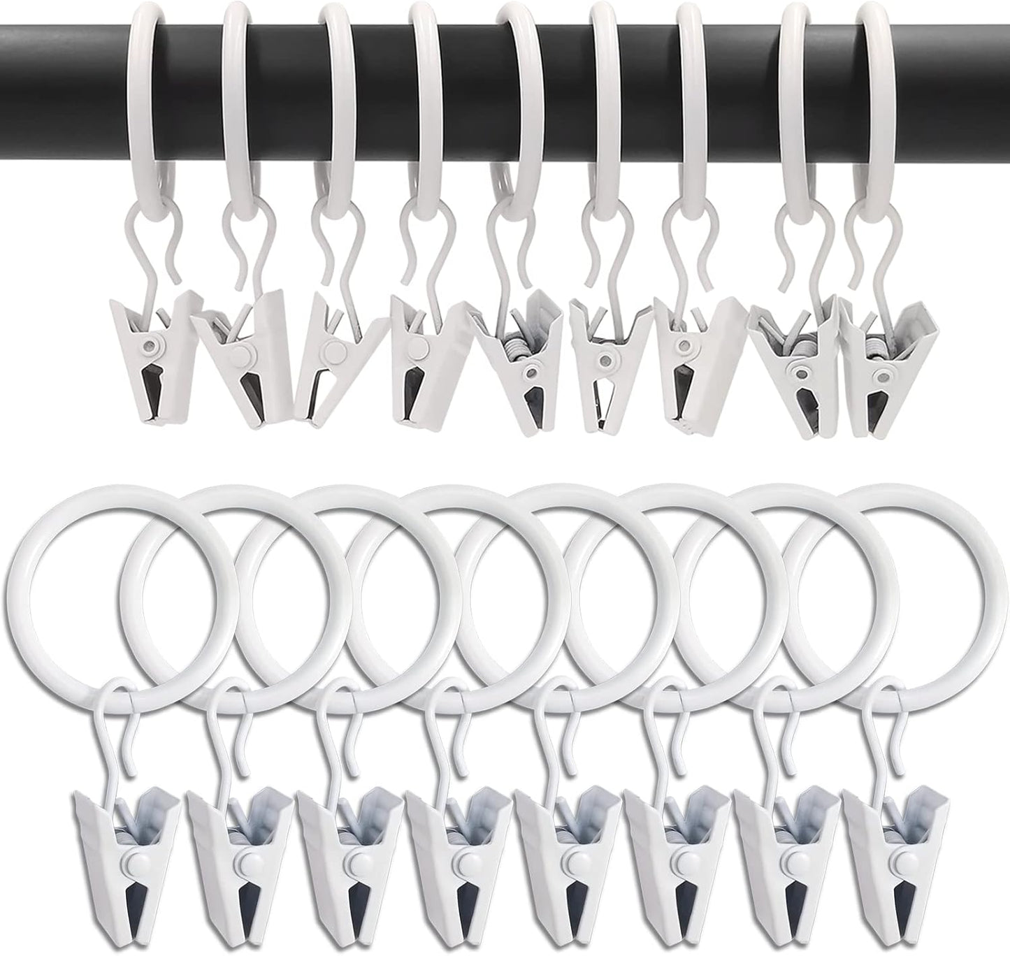 100 Pack White Curtain Rings with Clips, Curtain Hooks Hangers Clip Rings for Hanging Drapes Bows Hat, Drapery Rings 1 in I D, Fits up to 5/8 in Diameter Curtain Rod.